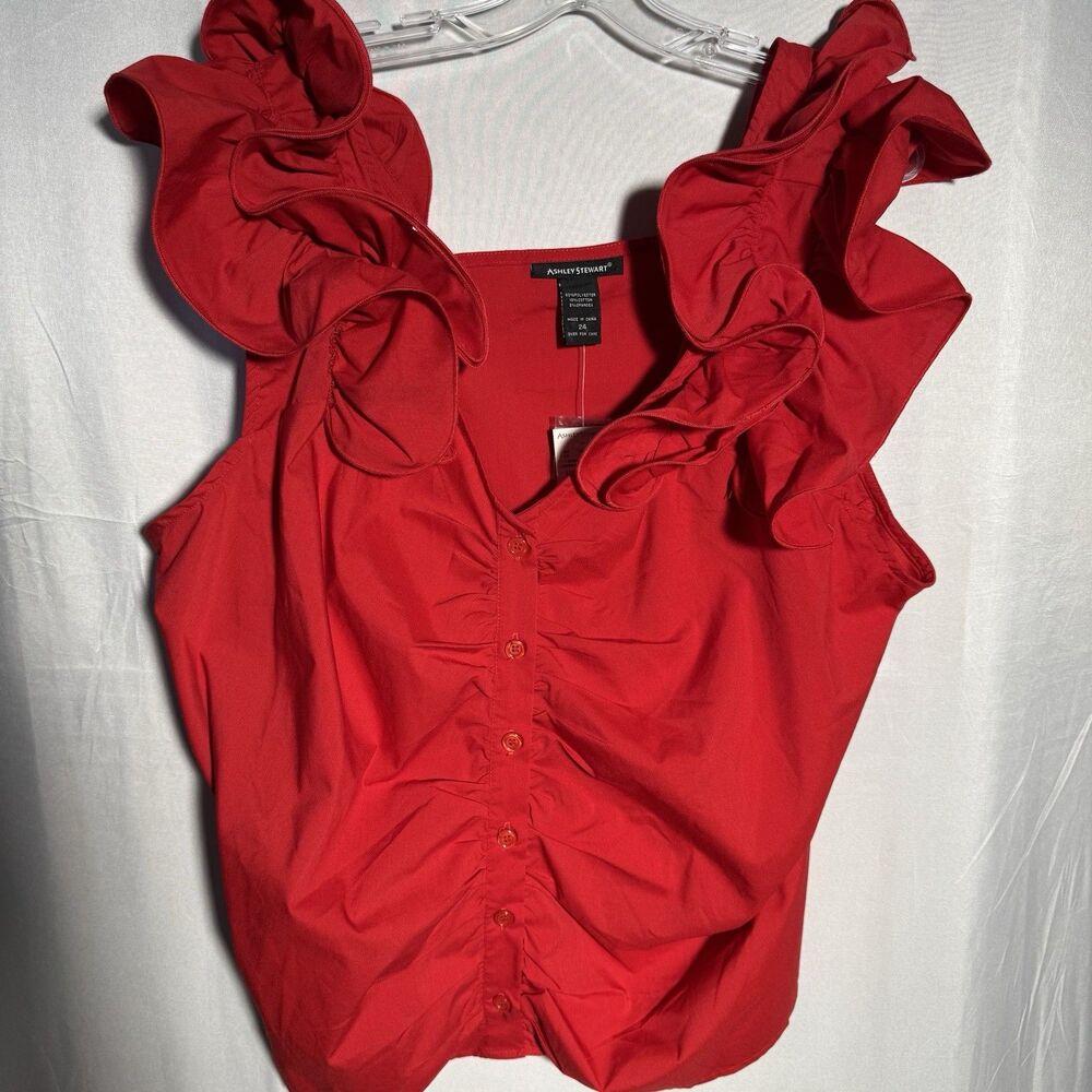 Ashley Stewart Red Ruffle Top NWT Plus Size 24 Button Front Stretch Blouse